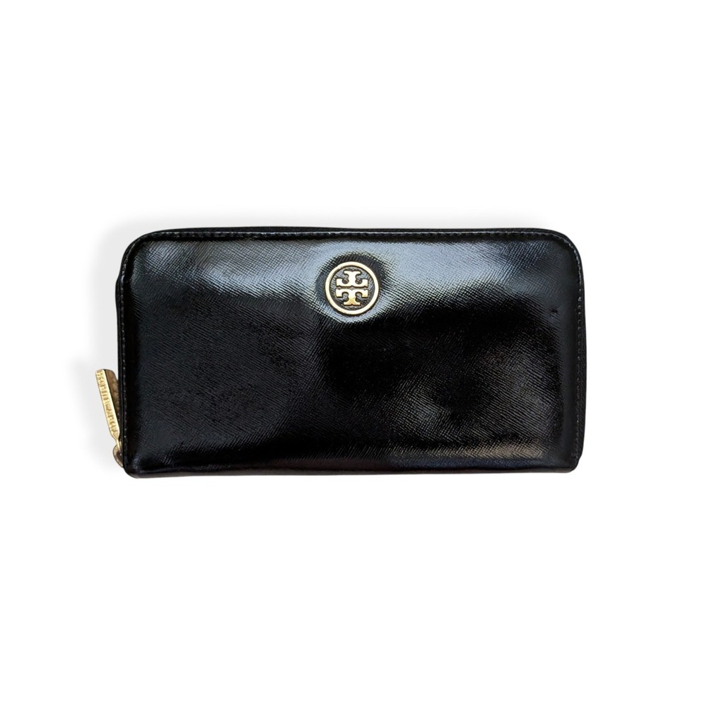 Tory Burch Robinson Zip Wallet Black Patent Leather Gold Logo Long Continental